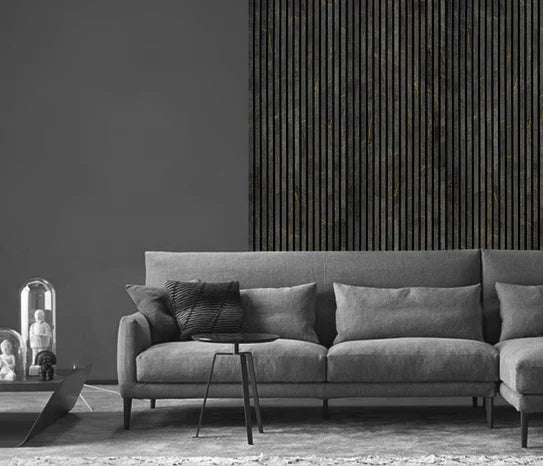 240cm x 60cm Acoustic Slatted Wall Panel Black & Gold Marble